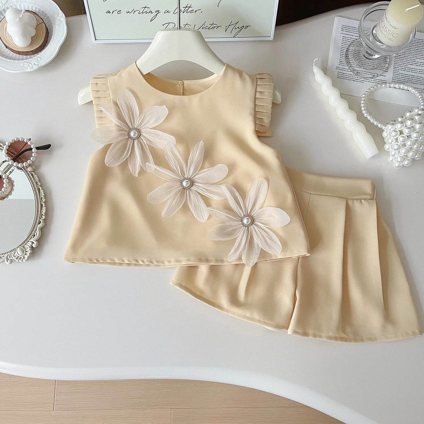 Children's Suit For Girls Summer Cute Three Flowers Short Sleeve Tshirt + Shorts 2 PC Sets Casual Outfit Baby Kids Clothing ﻿ - TiniLoom