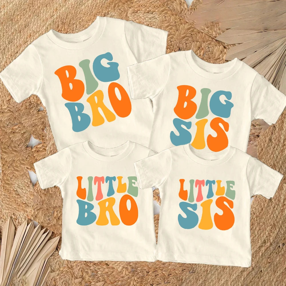 Big Bro Sis Little Bro Sis Printed Family Matching T-shirt Boys Girls Sibling Clothes Kids Tops Outfit Children Retro Tee Shirts - TiniLoom