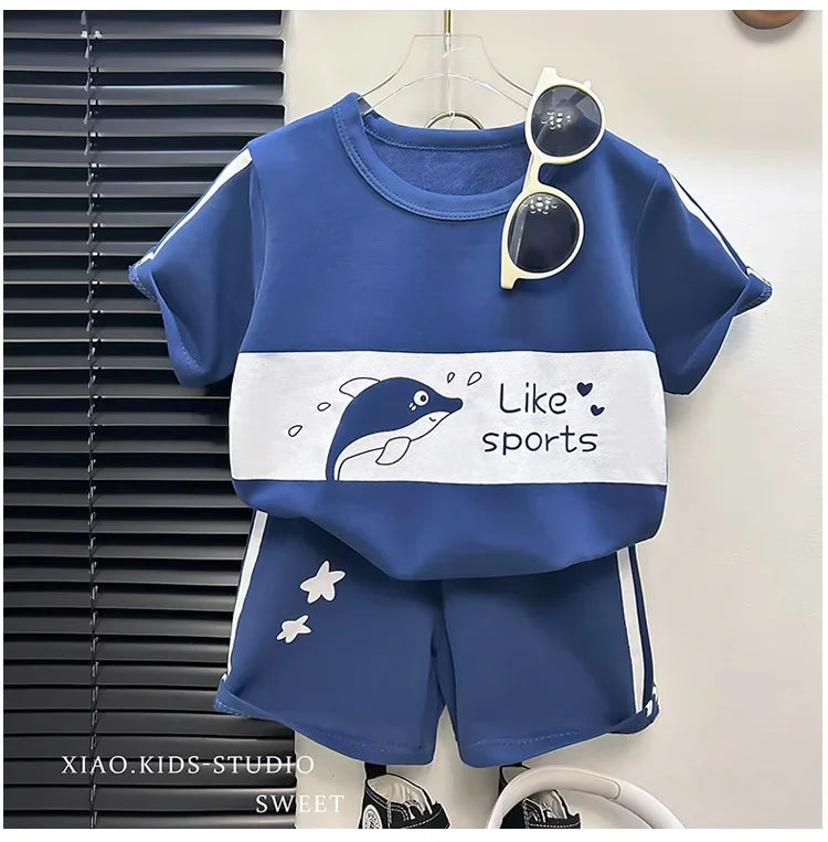 2024 New Kids Short Sleeve Suit Striped Girls Boys Set Summer Tops +short Baby Clothes Children's Wear - TiniLoom