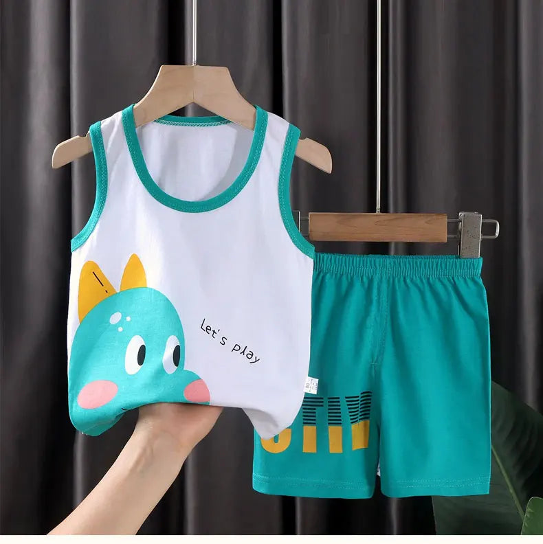 Children Sets Kids Vest Suit 2PCS Set Summer Cotton T-Shirt Girl Shorts Clothes Children Boys Girls Sleeveless Suit Wear Cloth - TiniLoom