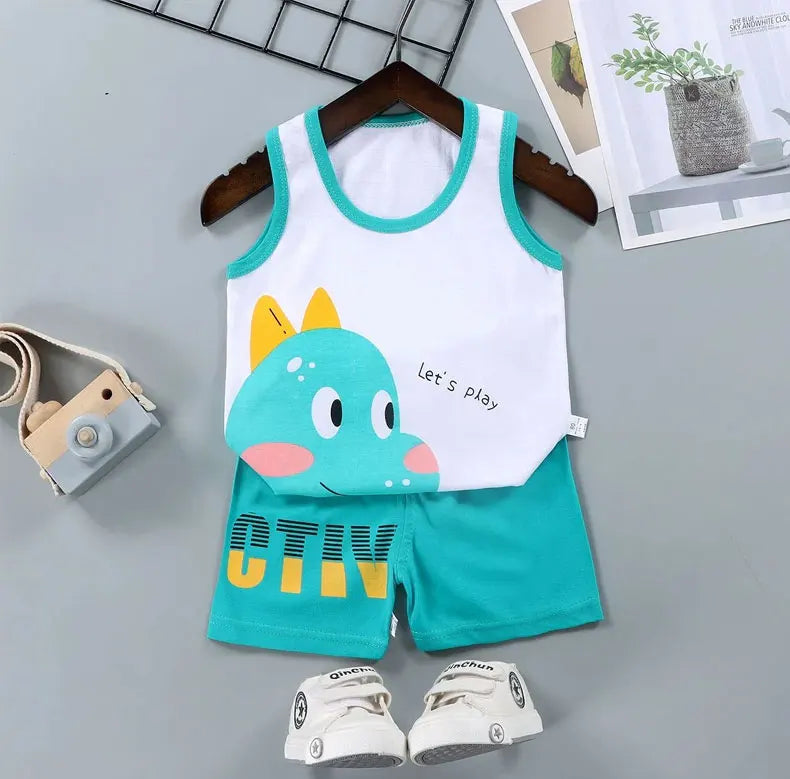 Children Sets Kids Vest Suit 2PCS Set Summer Cotton T-Shirt Girl Shorts Clothes Children Boys Girls Sleeveless Suit Wear Cloth - TiniLoom