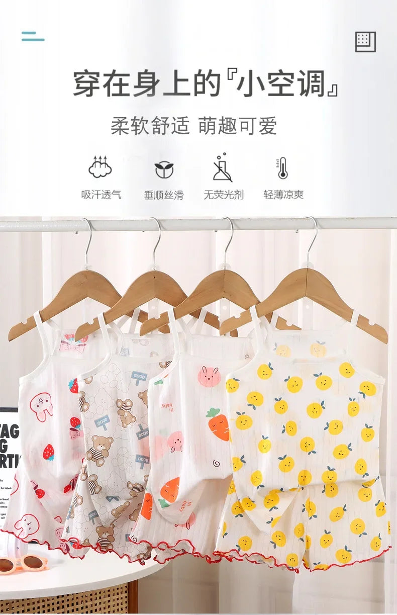 2024 New Kids Tops+shorts Set Summer Thin Baby Cotton Vest Sleeveless Loungewear Set for Girls Suit - TiniLoom