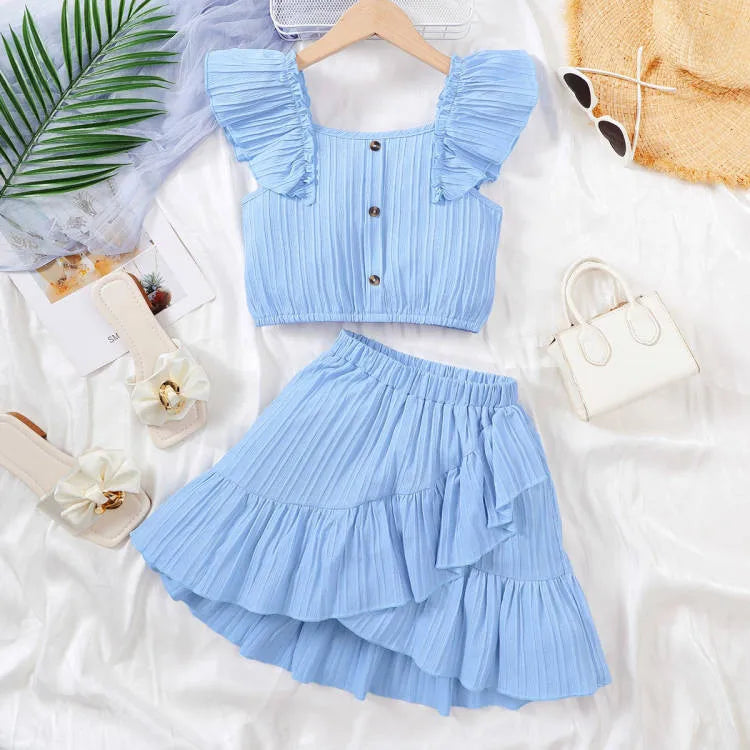 Kid Girls Summer Princess Clothing Set Flutter Sleeve Plain Color Tops+Short Skirt Sweet Style Party Wear For Child 8-12 Years - TiniLoom
