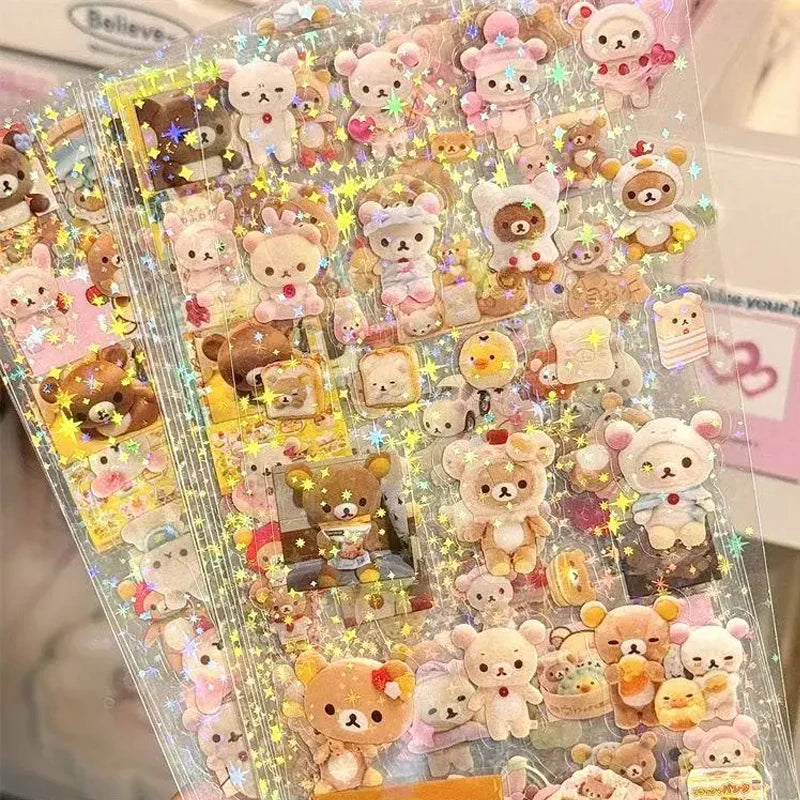 5pcs Kt Rilakkuma Cartoon Die-Cutting Sticker Kt Cat Diy Flashing Laser Stickers Anime Handbook Material Stickers Girl Kid Gift - TiniLoom