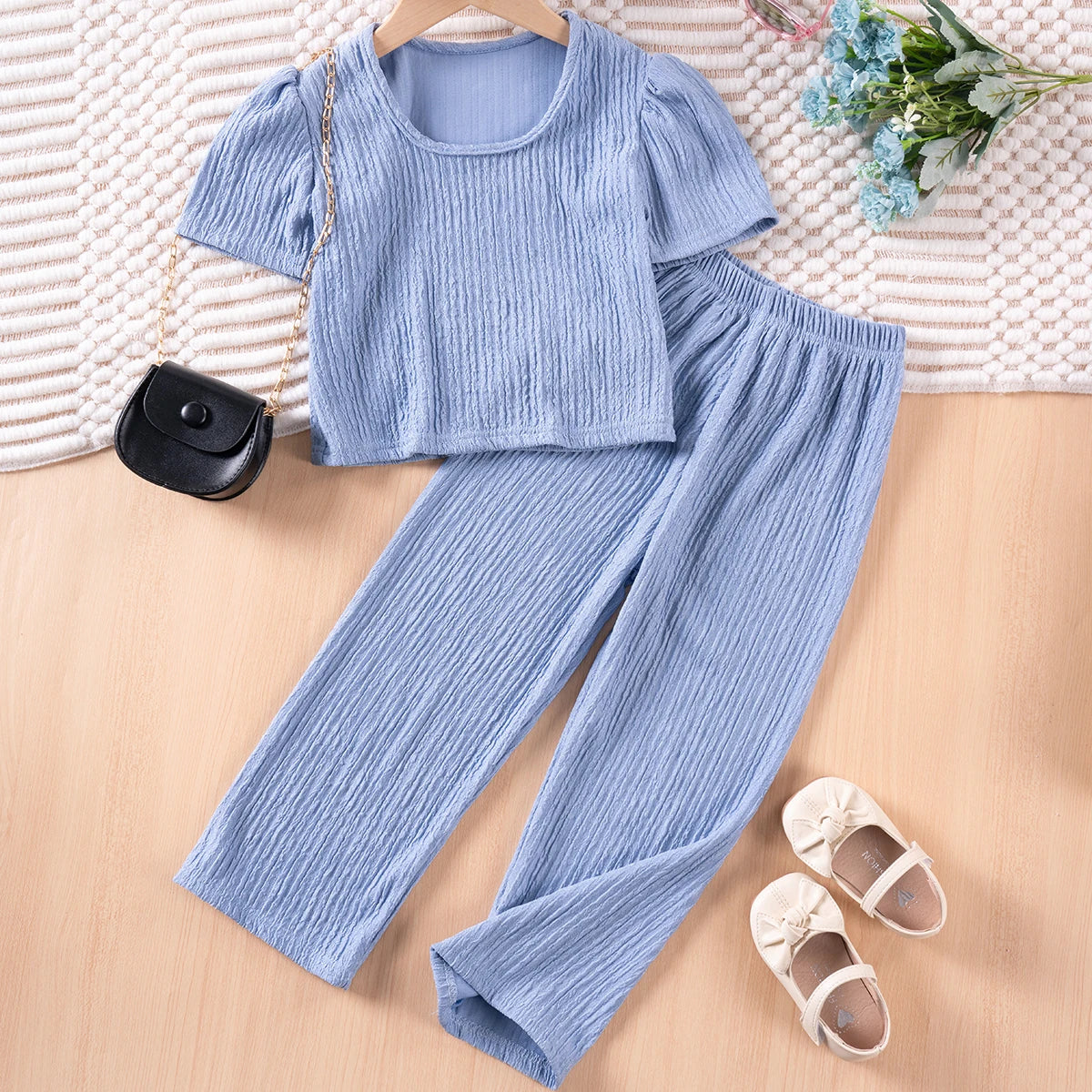 Girls Solid Color Suspenders Summer Suspenders Ruffles + Wide Leg Pants 2 Pieces Dress Set White Cute Elegant Baby Clothes - TiniLoom
