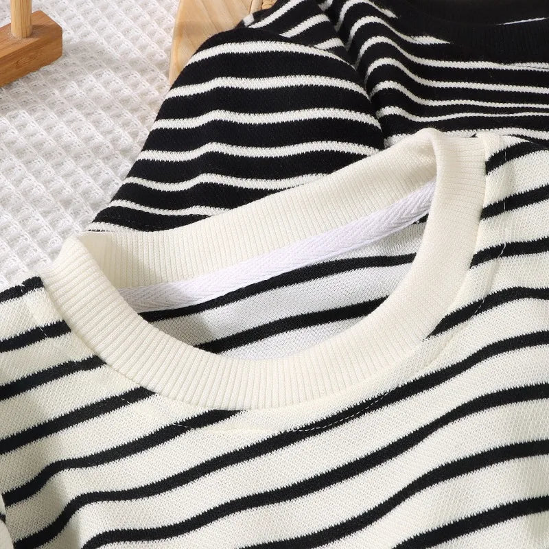 2Pcs Fashion Children Short Sleeve Shorts Sets Summer Kids Clothes Boys Baby Cotton Tee Pant Outfits Black and White Stripe - TiniLoom