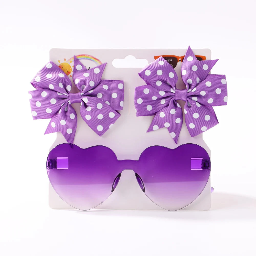 3Pcs/Pack Solid Dot Hair Bows Clip Girls Boutique Bowknot Hair Clips Kids Colorful Heart Sun Glasses Children Hair Accessories - TiniLoom