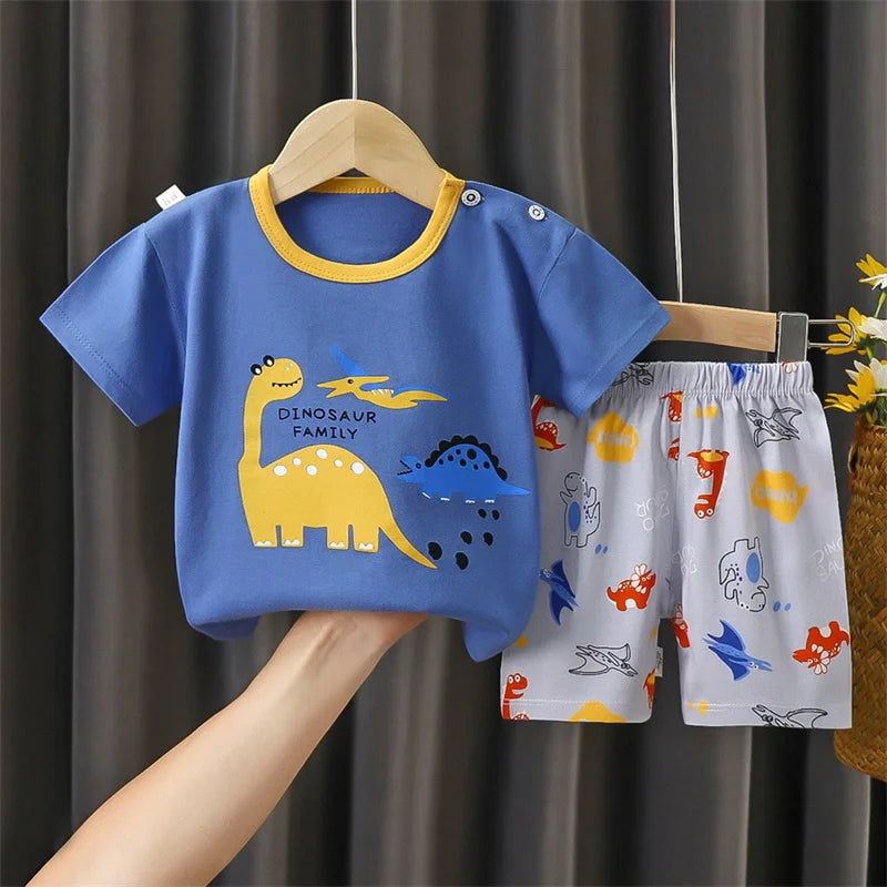 1-6 Y Kids Cartoon Excavator Striped T-Shirt+Shorts 2-Piece Set Cotton Pajama Baby Boys Girls Summer Casual Tracksuit Clothes Su - TiniLoom
